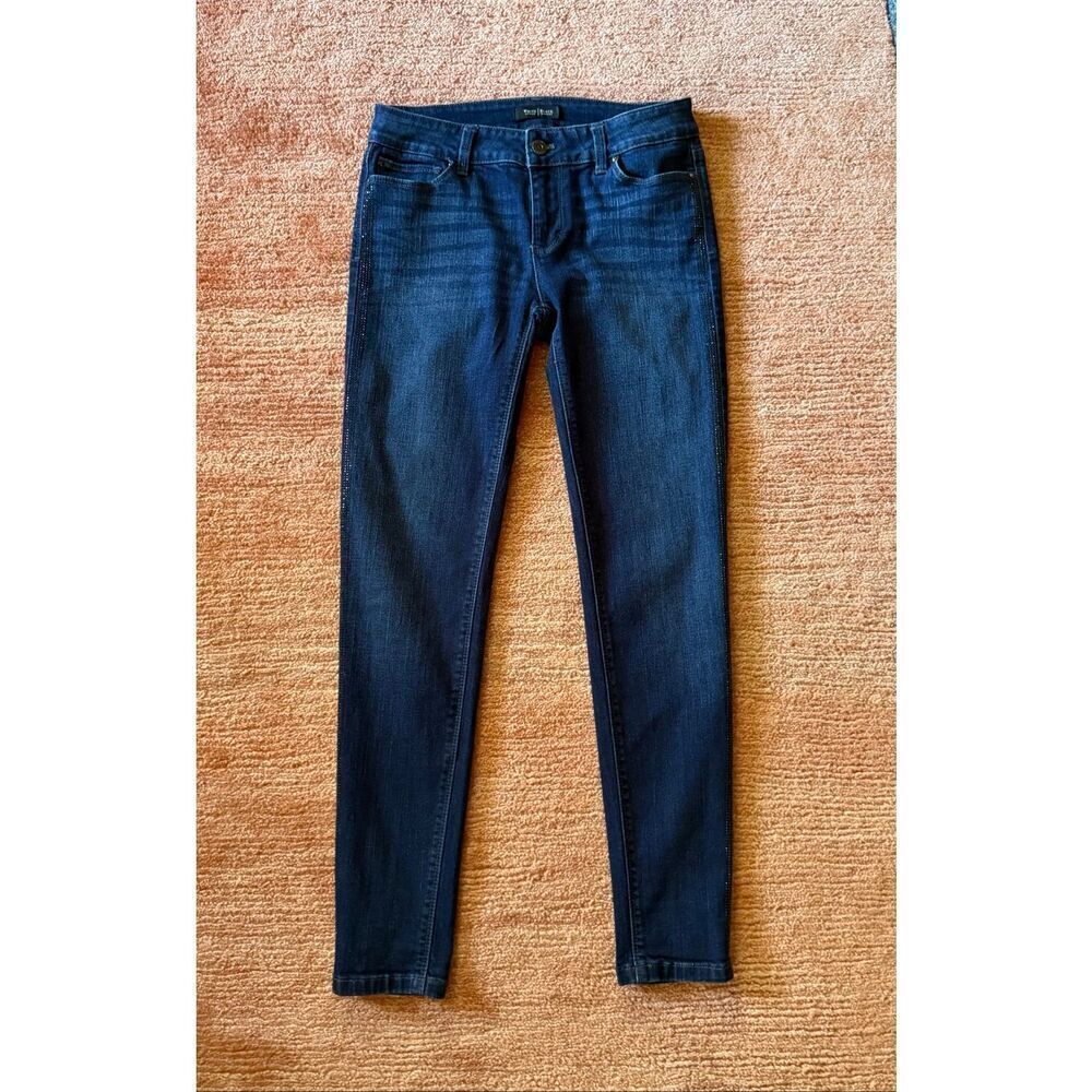White House Black Market Skinny Leg Dark Wash Jeans Blue Stretch Rhinestone Trim